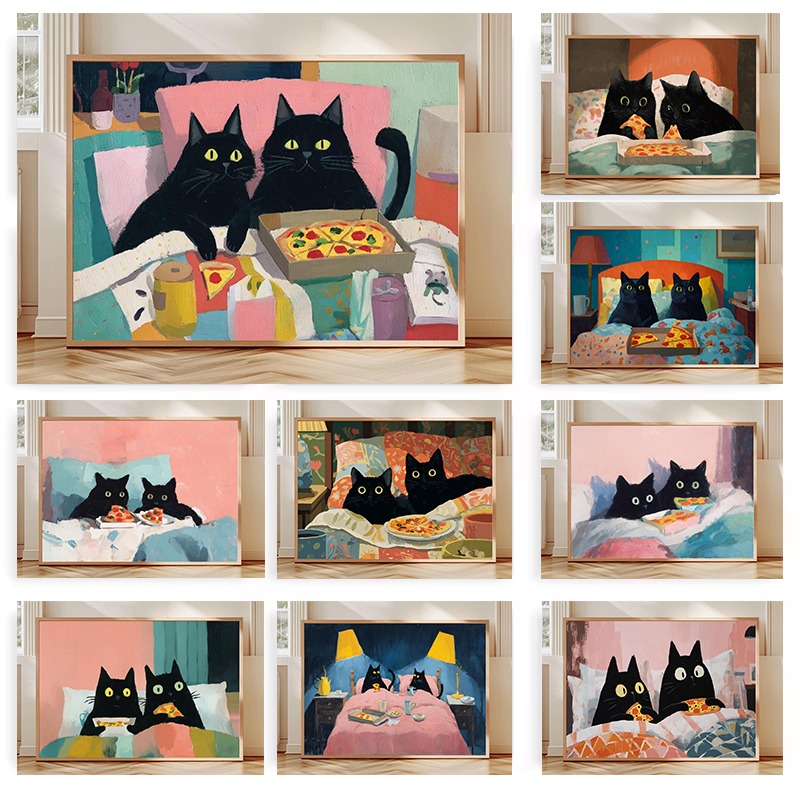 Two Black Cats Eating Pizza in - Pet Beds review and price